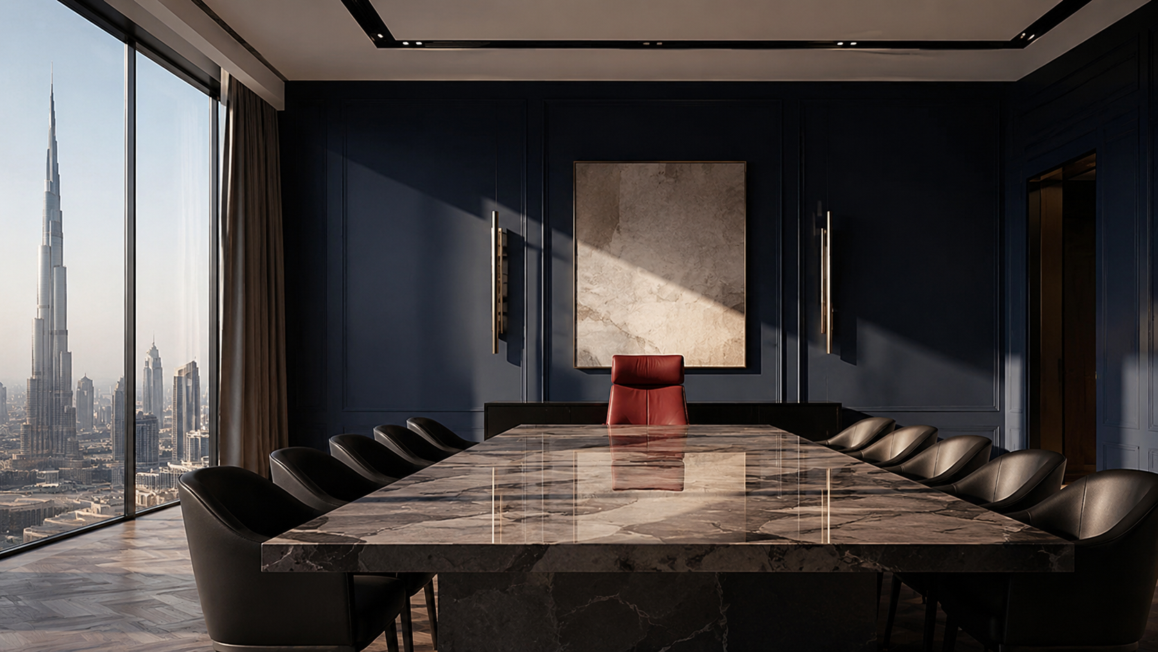 Modernes Boardroom mit Blick auf den Burj Khalifa